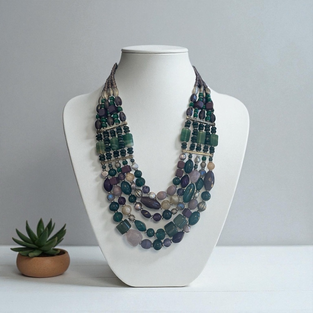 Chico's Chunky Runway Statement Multi-Strand Necklace Green Purple Beads
